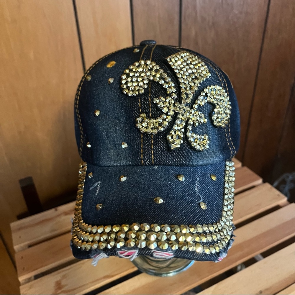 Gold Bling Fleur de Lis Blue Jean Cap